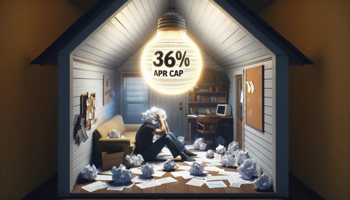 A distressed person amidst financial documents and high-interest notices, relieved by a '36% APR Cap' sign in a modest Mississippi home.
