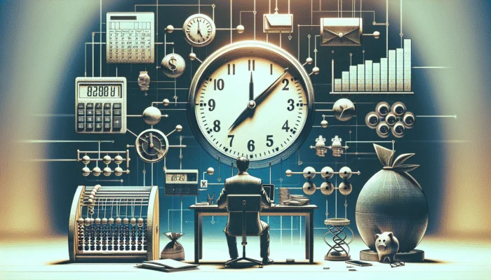 A clock showing 30 days, a person at a desk with financial tools and a calendar, symbolizing Mississippi's payday loan duration limit.
