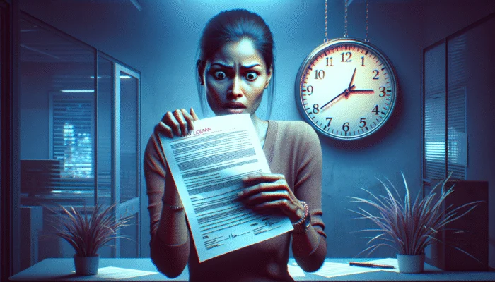Person holding payday loan contract, clock ticking, urgent, high interest, dimly lit office.