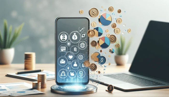 A smartphone showing budgeting app icons with charts, graphs, and coins on an organized desk with a laptop.