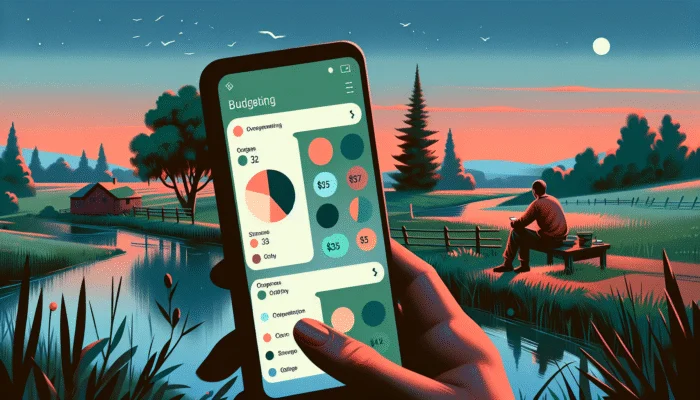 A person using EveryDollar app on smartphone, showing customizable budget categories, with Mississippi's rural landscape background.