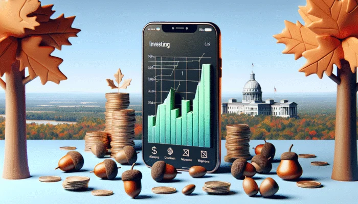 Smartphone showing Acorns app with Mississippi landscape, graphs, and educational content, surrounded by acorns and spare change.