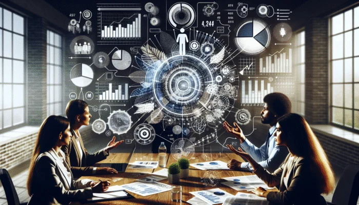 A Mississippi small business owner and team analyzing financial data and setting budget goals with charts and reports.