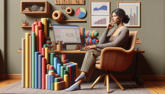 A Mississippi small business owner studies a cash flow forecast chart on a computer, surrounded by graphs and data in a cozy office.