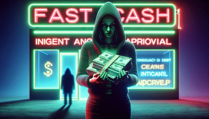 Person holding cash in front of payday loan store with neon signs, shadowed by debt.