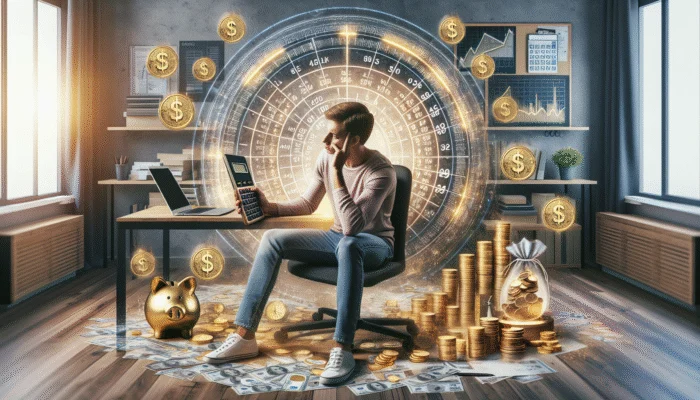 A person analyzing financial documents and graphs in a home office with a calculator and laptop.