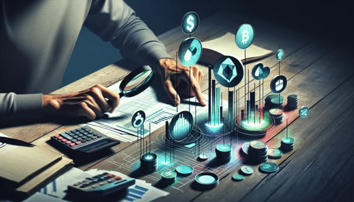 A person using a magnifying glass to analyze financial statements, identifying income and expense gaps on a cluttered desk.