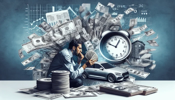 A person counting cash at a payday loan office, with bills and a car needing repair, clock showing next payday.