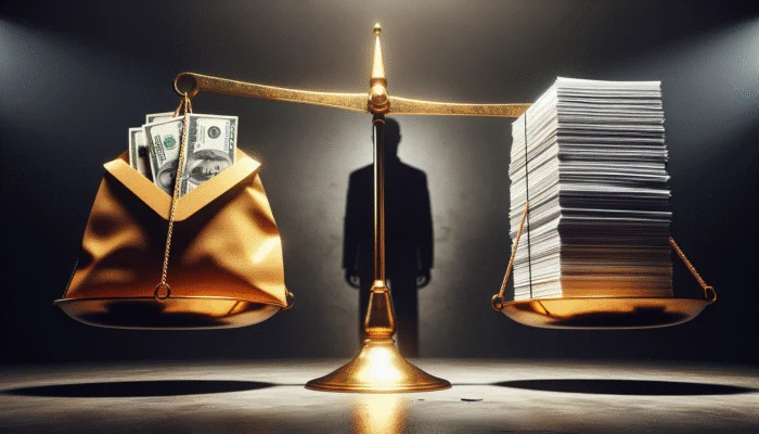 A scale balancing quick cash against high interest rates, with a distressed person in the background.