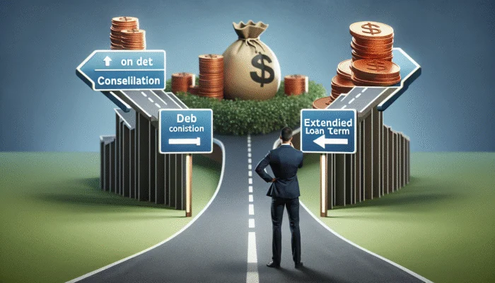 A person at a crossroads contemplating debt consolidation, weighing simplified payments against extended loan terms.