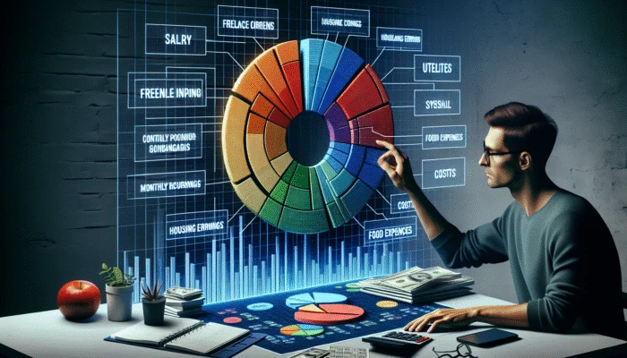 A person analyzing a colorful pie chart of monthly income and expenses on a desk with financial documents.