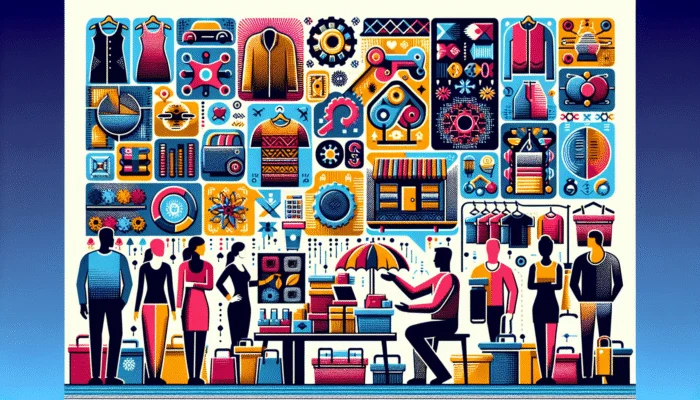 A person organizing a vibrant garage sale with neatly arranged items, attracting eager buyers.