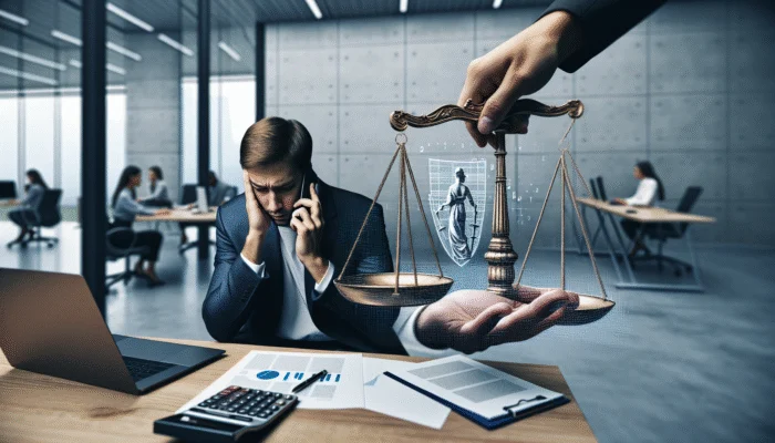 Distressed individual receiving a call from a debt collector, surrounded by legal protections and FDCPA visuals in a modern office.