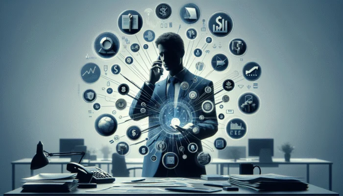 A person managing phone calls with financial documents and expert advice in an organized office.