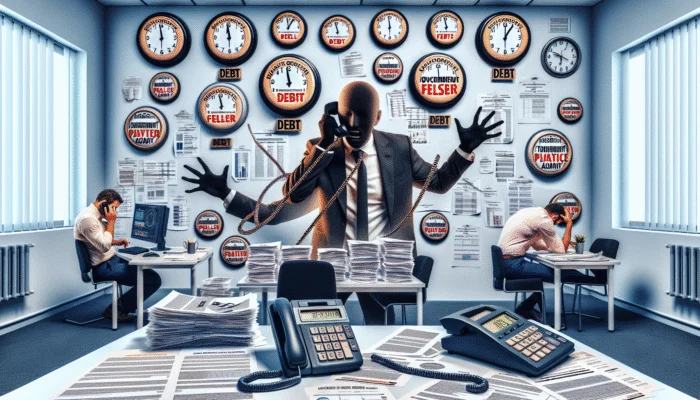 A debt collector threatens legal action and uses false badges, overwhelming a distressed person with payment plans amidst clocks showing inconvenient hours.