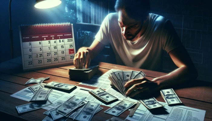 A person counting cash next to overdue bills and a calendar, illustrating payday loan stress.