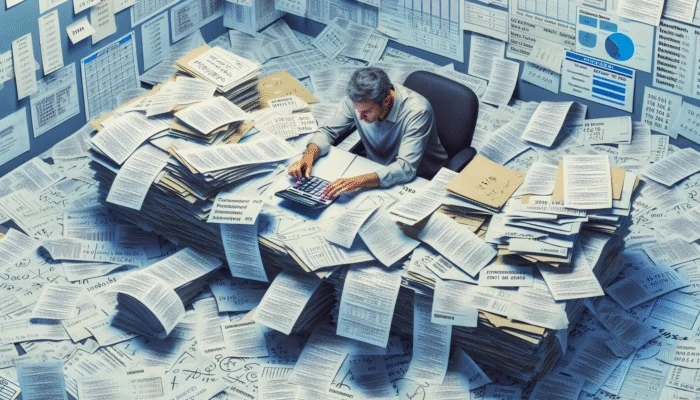 A person calculating finances at a cluttered desk with documents and a calculator in Mississippi.