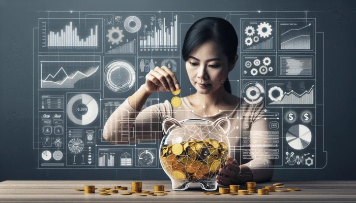 Person adding coins to piggy bank, with financial charts and budget plans in background.