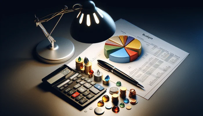 A budget chart on a desk with a lamp, calculator, and pen, showing income and expenses categories.
