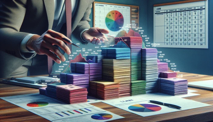 A person sorting colorful loan documents by interest rate on a desk, with bi-weekly payment calendar in background.