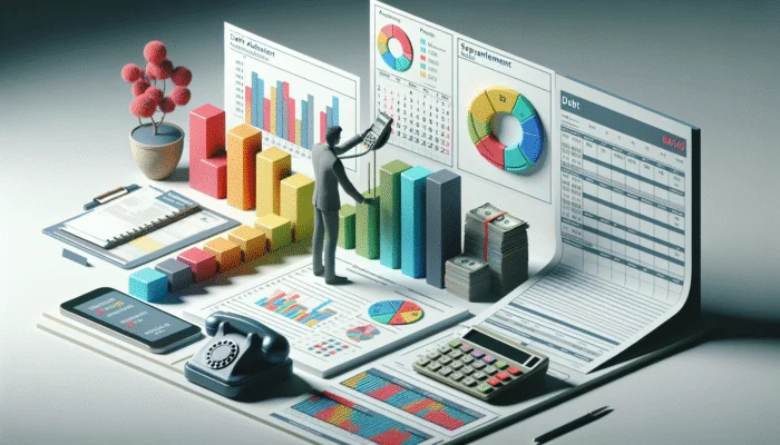 A person organizing financial documents, charts, and a calendar on a desk, with a phone nearby.