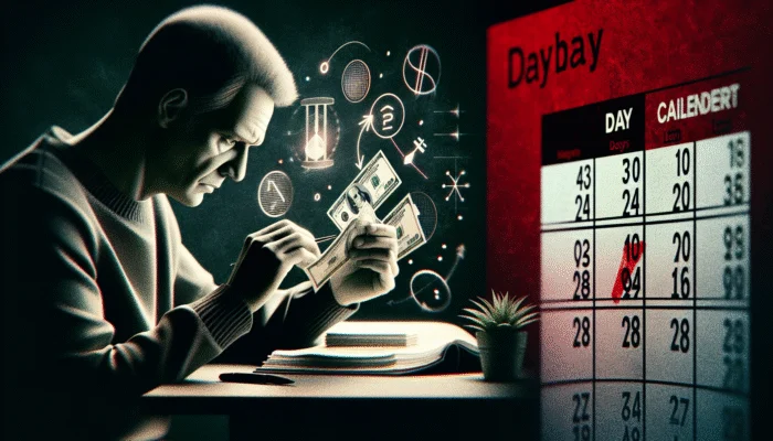 Person counting cash from payday loan in dimly lit room, with calendar and high-interest notices.