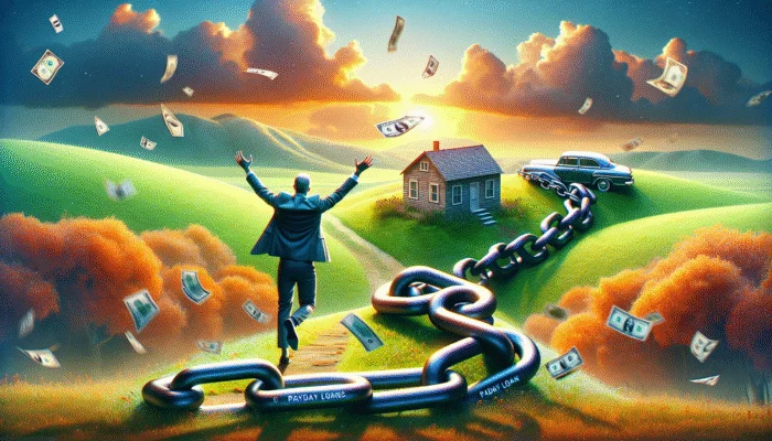 Person breaking chains labeled 'Payday Loans', entering bright landscape with path to house and car, symbolizing financial freedom and restored credit.