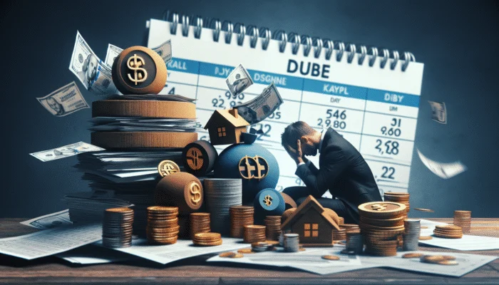A stressed person at a desk with overdue bills, loan documents, and a calendar showing multiple due dates, illustrating payday loan debt cycle.