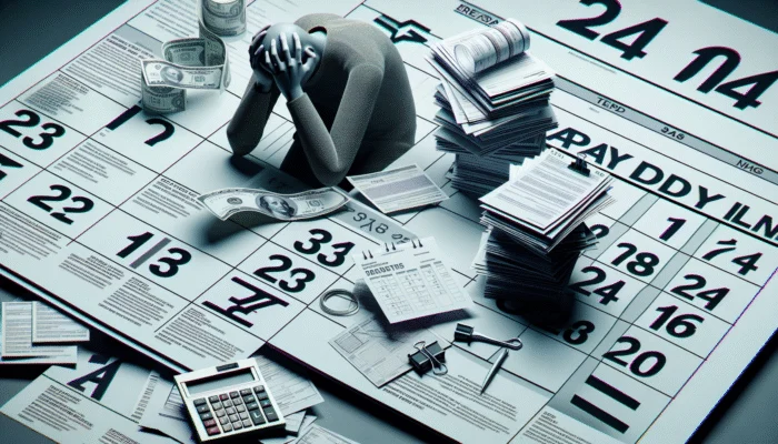 A person stressed with high-interest loan documents, calendar marked for payday, medical bills, and urgent payment notices.