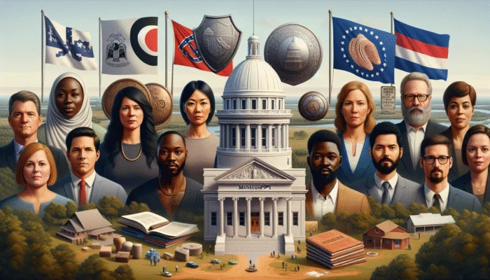 Diverse Mississippi borrowers with legal protections in courthouse, rural and urban landscapes in background.