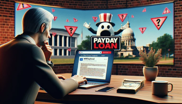 A distressed person in Mississippi receiving a deceptive email from a fake payday loan company on a laptop showing urgent loan approval messages and phishing warnings.