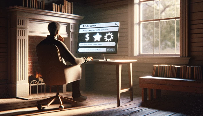 A person researching a payday lender's license and reviews on a computer in Mississippi.