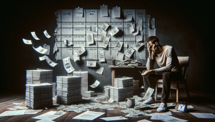 Person in dimly lit room, counting cash, worried, surrounded by overdue bills and urgent payday calendar.
