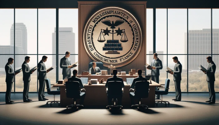 Mississippi Department of Banking and Consumer Finance officials reviewing documents to ensure compliance and protect against predatory payday loans.