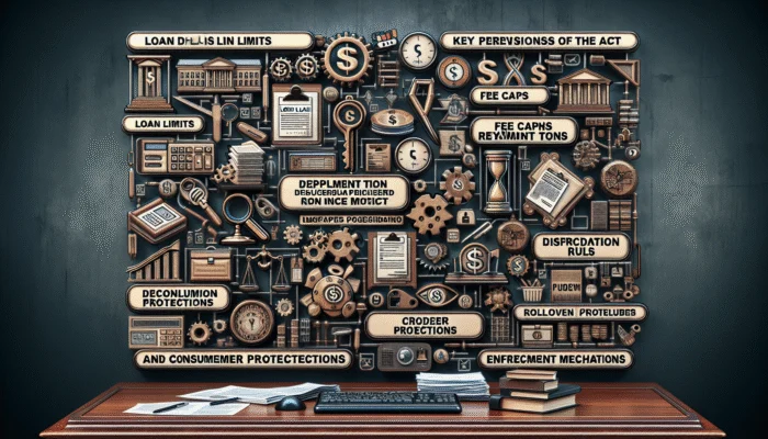Key Provisions of the Act document on a desk, detailing loan limits, fees, repayment, disclosures, rollovers, consumer protections, and enforcement.