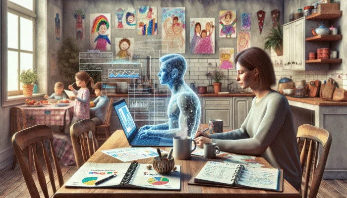 A single parent managing finances at a kitchen table, surrounded by children's drawings.