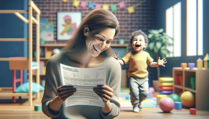 A single parent with subsidy documents, smiling, as their child plays in a bright daycare.