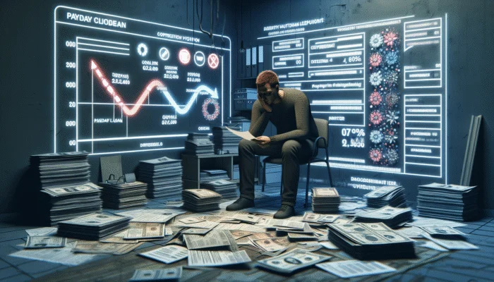 Person reviewing credit report amidst payday loan documents, showing declining score in cluttered office.