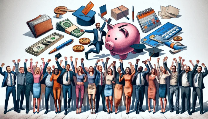 Diverse group celebrating better credit scores with tools like secured cards and workshops, recovered from payday loans.
