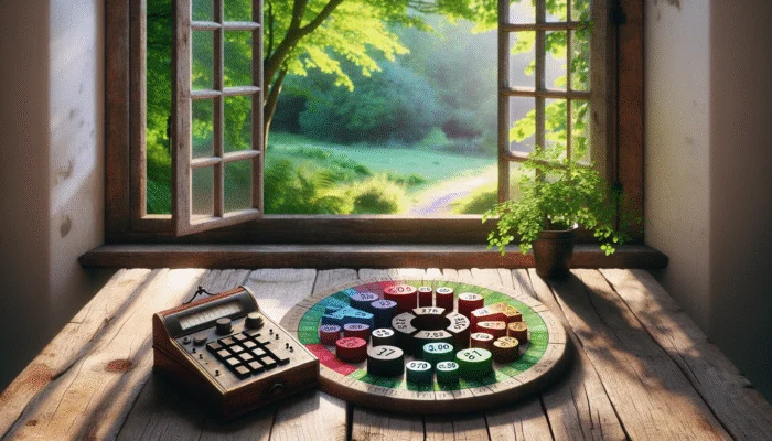 A detailed budget plan on a rustic table with charts, graphs, calculator, and a nature scene through a window.