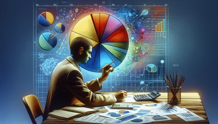 Person analyzing budget pie chart at desk with financial documents and monthly reminder calendar.