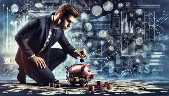 Young adult placing coins into 'Emergency Fund' piggy bank amidst bills and charts, symbolizing financial preparedness.