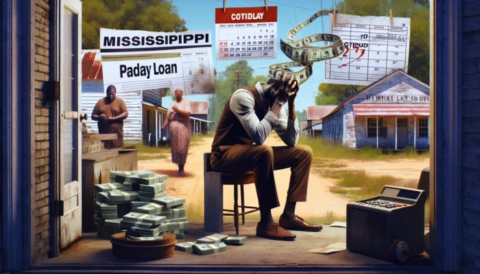 A stressed person in Mississippi calculating payday loan repayment amidst financial documents and a rural town backdrop.