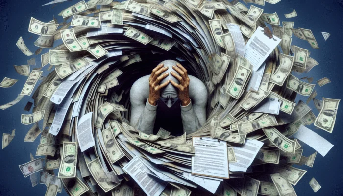 A distressed person amidst a vortex of cash and legal documents, symbolizing the debt cycle and legal threats from payday loans.