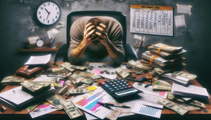 A distressed person at a desk with payday loan documents, calendar, and calculator showing increasing debt.