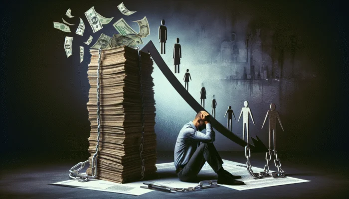 Anxious person overwhelmed by debt, declining credit, legal issues, and strained relationships.