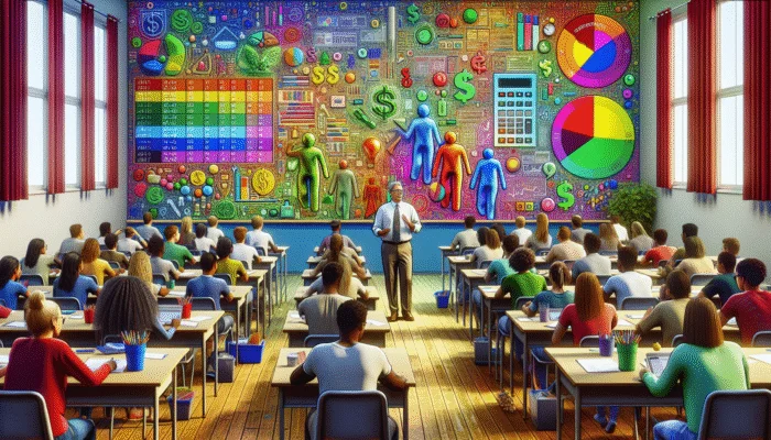 Diverse Mississippi students in a vibrant classroom engaged in a budgeting workshop with colorful charts and a cheerful teacher.