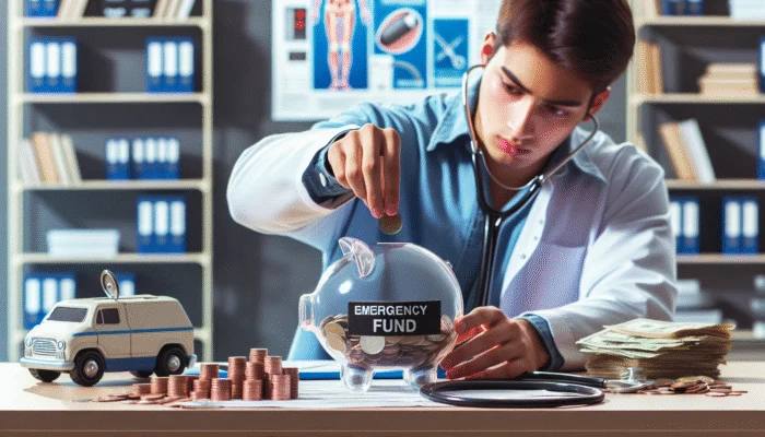 A student saving coins in a piggy bank labeled 'Emergency Fund' with medical and car repair bills in the background.