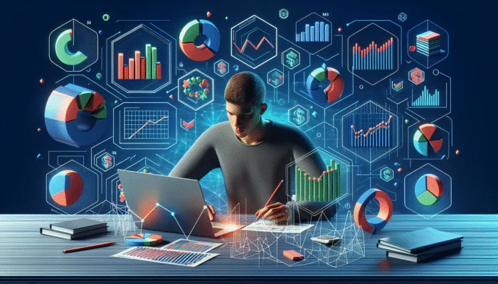 A student at a desk, focused on financial planning with tools, charts, and a laptop showing budgeting apps.