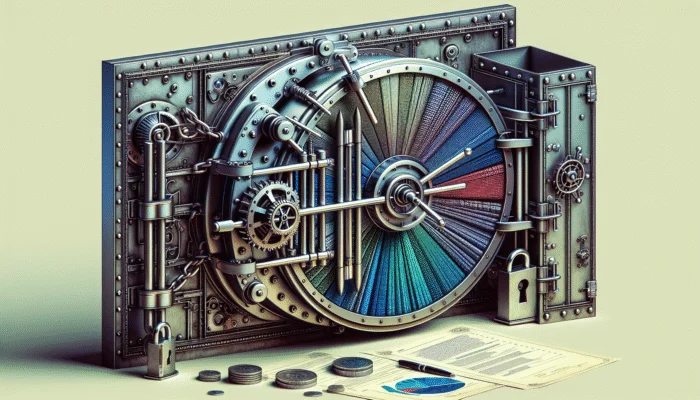 A secure vault door with locks and chains, surrounded by legal documents and financial charts, symbolizing secured loans.